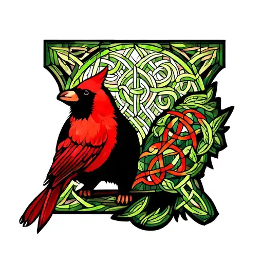 A Celtic tribal design incorporating elements of stained glass, featuring a Louisiana black bear and a red cardinal tattoo design idea