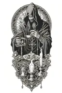 Hodded alchemist performing ritual, jewelry, tarot cards, candles tattoo design idea