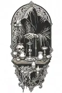 Hodded alchemist performing ritual, jewelry, tarot cards, candles tattoo design idea