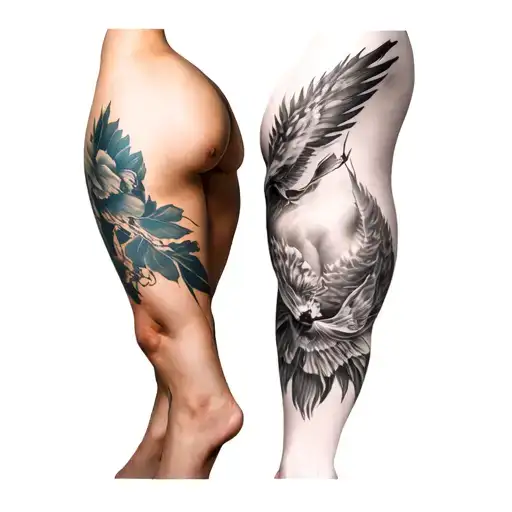 Full-leg, realistic (photorealistic) sleeve from upper thigh to ankle, designed to wrap naturally around the leg and fol tattoo design idea