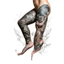 Full-leg, realistic (photorealistic) sleeve from upper thigh to ankle, designed to wrap naturally around the leg and fol tattoo design idea