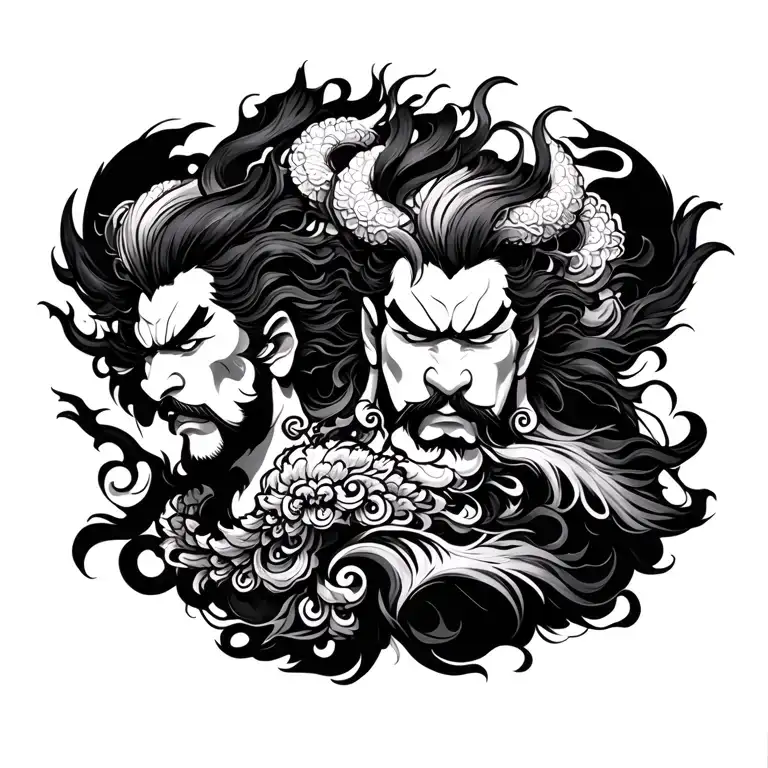 Black and white Japanese tattoo design of Raijin and Fujin. tattoo design idea