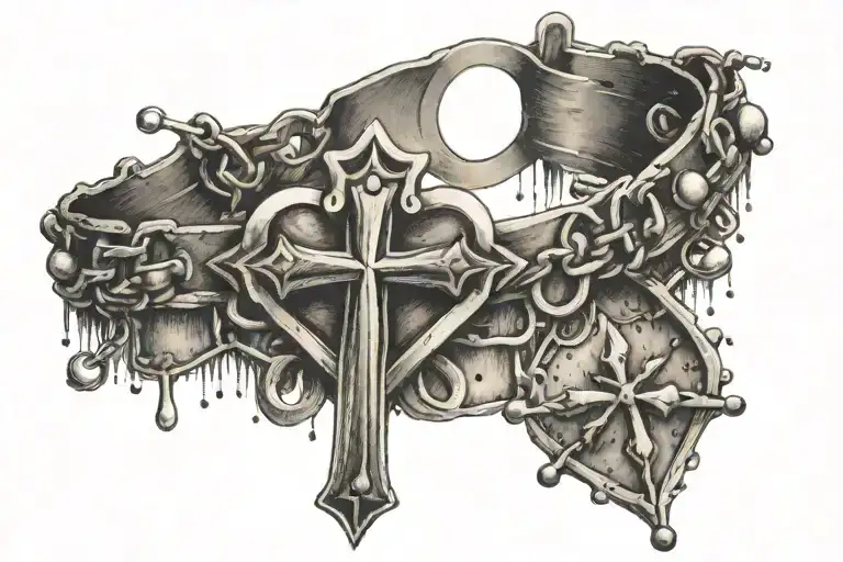 Heart, cross and bullet charms on beautiful bracelet tattoo design idea