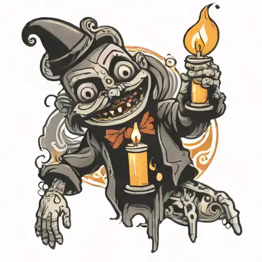puppet holding a candle burning tattoo design idea
