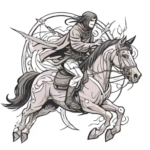 “Design a forearm tattoo of Itachi Uchiha sitting on a majestic, dark horse in a dynamic and dramatic pose. The horse sh tattoo design idea