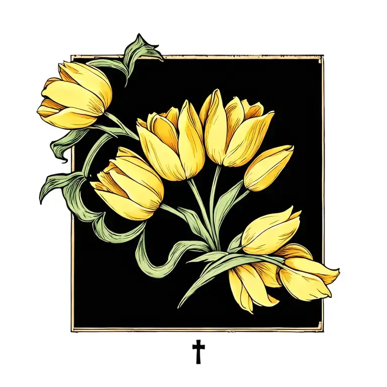 yellow tulips, connected wavy vine around my wrist, a feminine cross on the back of my wrist, artistic fulfilled heart tattoo design idea