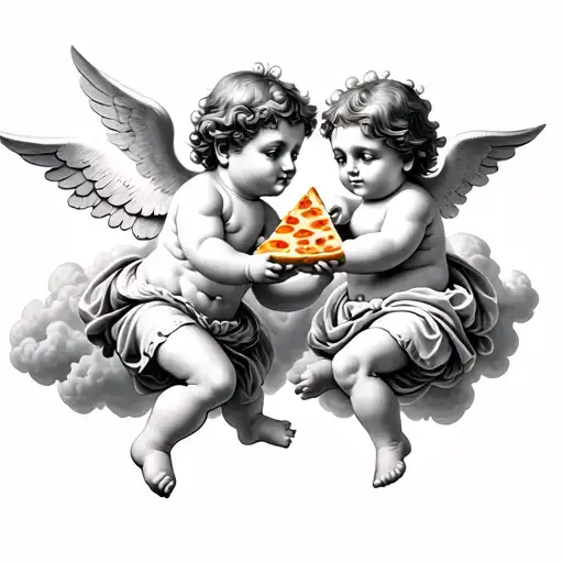 2 cherubs in clouds with one of them handing a piece of cheese pizza to the other - no colour and more micro realistic tattoo design idea