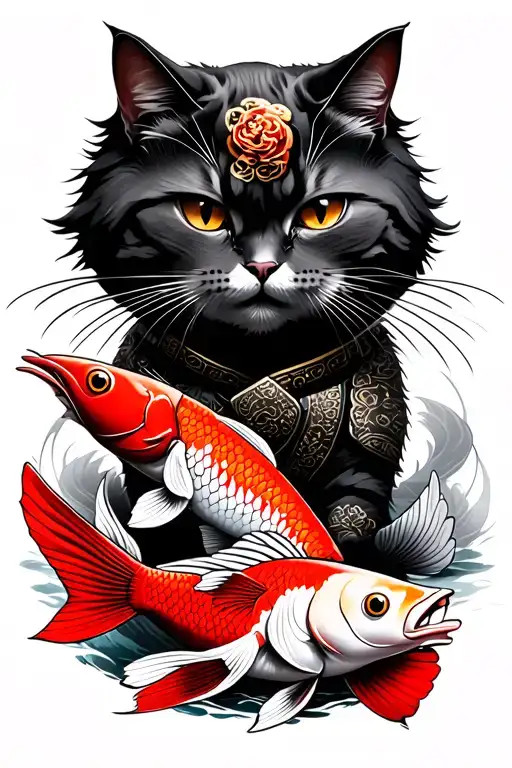 Japanese style, cat samurai in the upper part, in the lower part of the red fish and white fish tattoo design idea