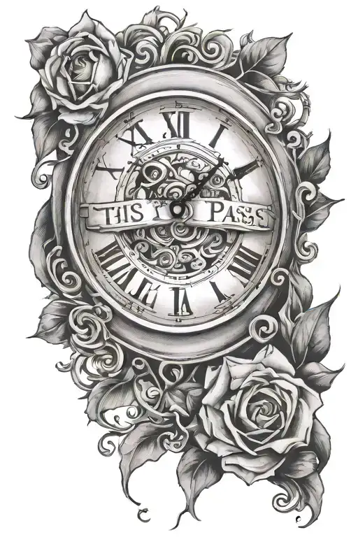 Clock and the words "This Too Shall Pass" tattoo design idea