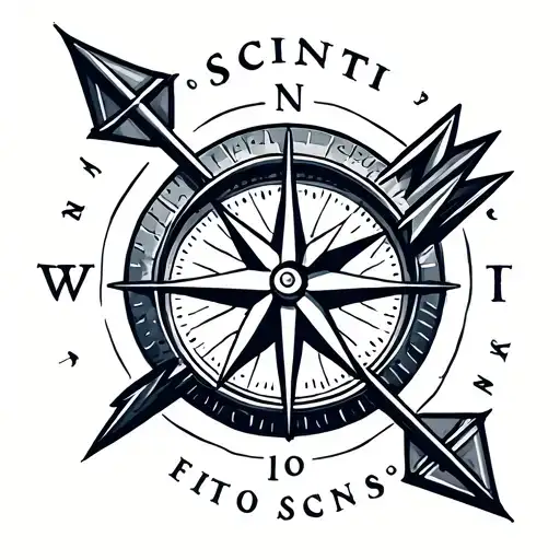 compass and arrow surrounded by word scionti tattoo design idea