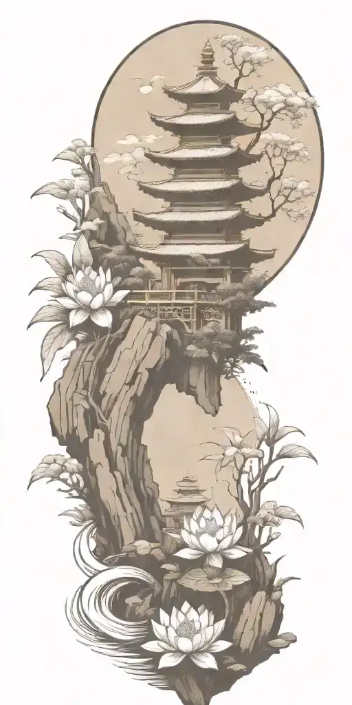 buddhist inpired tattoo with scenary of nature, bamboo, water, and with lotus, koi fish, small budda and spiritual stuff tattoo design idea