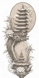 buddhist inpired tattoo with scenary of nature, bamboo, water, and with lotus, koi fish, small budda and spiritual stuff tattoo design idea