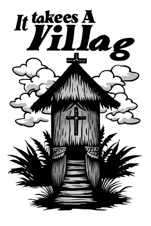 "It Takes A Village " with clouds and Tiki Hut silhouette with a cross incorporated some where  tattoo design idea