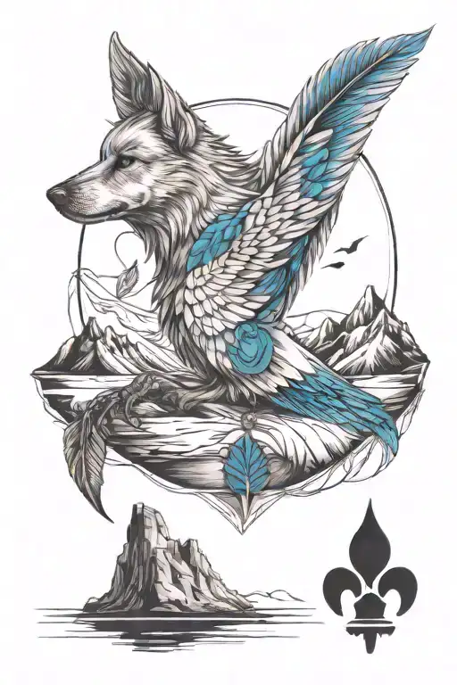 mountain, cardinal points, dog paw and a small blue feather tattoo design idea