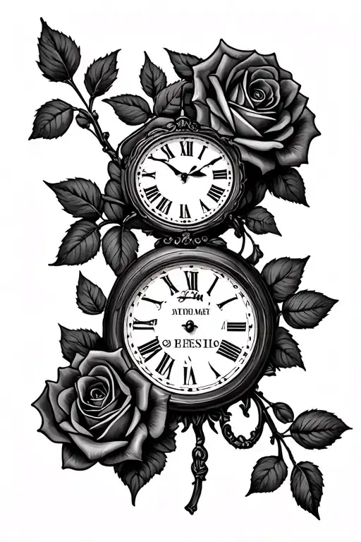 tattoo with wife's name on forearm with roses growing around with a clock tattoo design idea