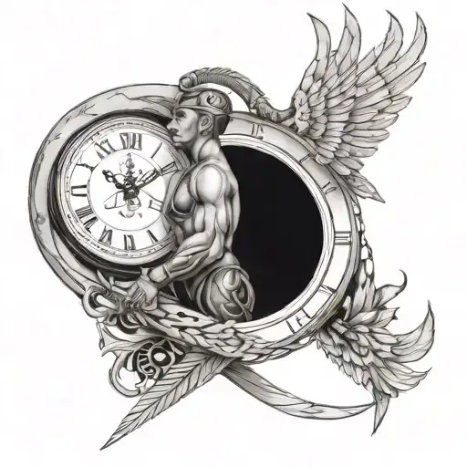 warrior with armor and muscles a cracked clock behind it with dove wings tattoo design idea
