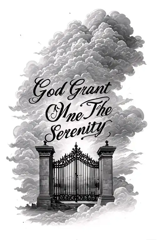 writing that says "God Grant Me The Serenity" and Heave Gates with clouds  tattoo design idea