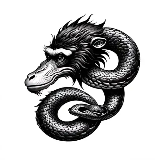 Chinese zodiac monkey and snake intertwined tattoo design idea