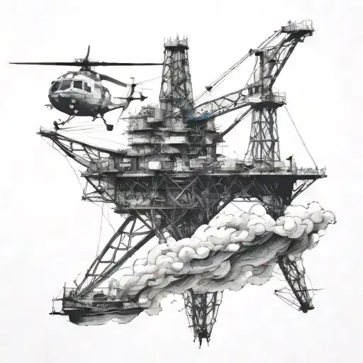 offshore oil rig, helicopter flying tattoo design idea
