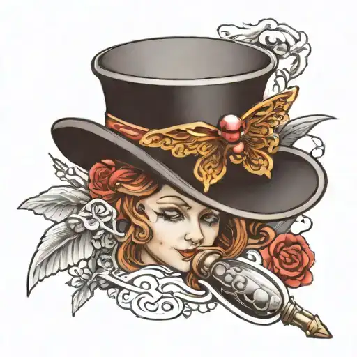 Guardian angel, rosary, top hat resting on a beret tattoo design idea