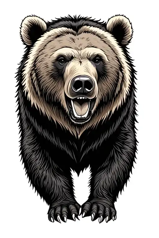 A traditional black and grey tattoo design in classic old-school style: A large, powerful but kind-looking grizzly bear  tattoo design idea
