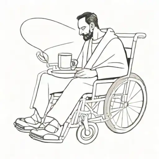 Abstract man with a robe and cup sitting on a wheelchair.  Black and white and minimalistic but exciting painting tattoo design idea