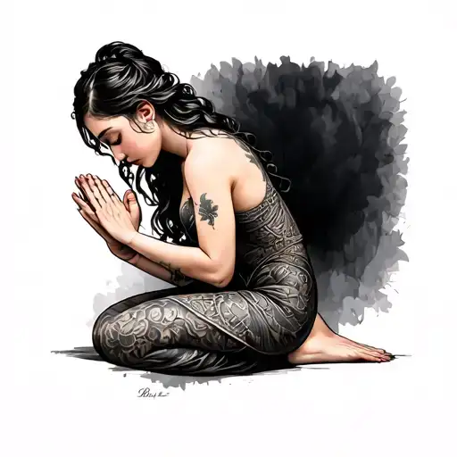 drawing of a woman who is kneeling and praying with beautiful form tattoo design idea