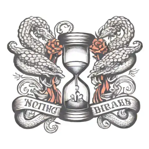 hourglass running with snake around it and with the inscription "nothing breaks like heart" tattoo design idea