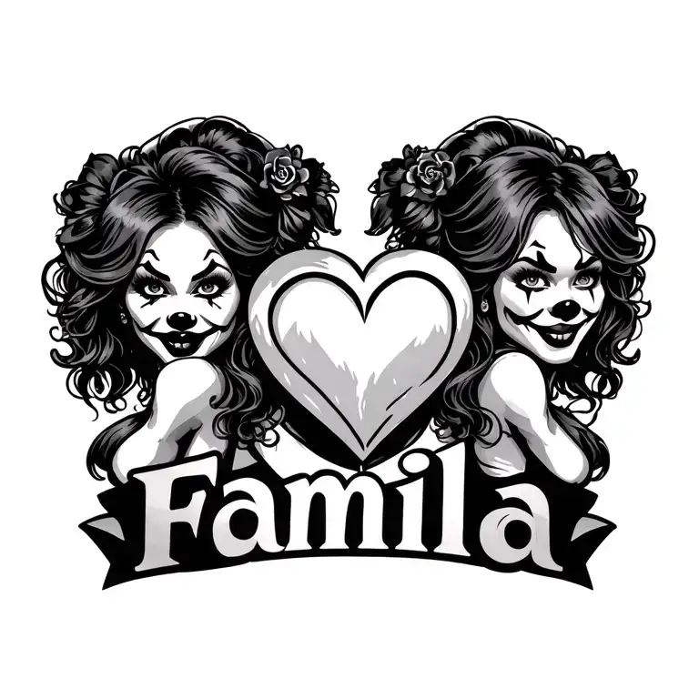 a chest tattoo that says familia with two gangster clown girls on the side of it with a shining heart under familia  tattoo design idea