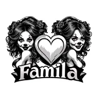 a chest tattoo that says familia with two gangster clown girls on the side of it with a shining heart under familia  tattoo design idea