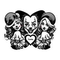 a chest tattoo that says familia with two gangster clown girls on the side of it with a shining heart under familia  tattoo design idea