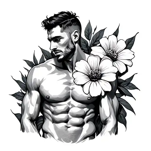 upper torso of a man, shirtless and muscular, manly, buff, no head or hands, flowera come out of where head and hands be tattoo design idea