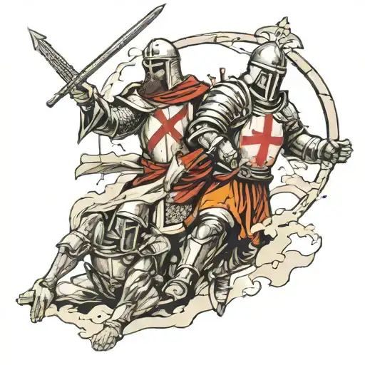 Give me a photo of Templar knight with cross in hand and Jesus Christ helping him in battle against the world from heave tattoo design idea