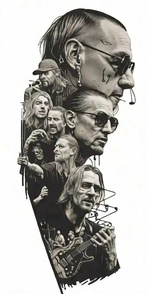 Chester Bennington and Kurt Cobain surrounded by musical notes tattoo design idea
