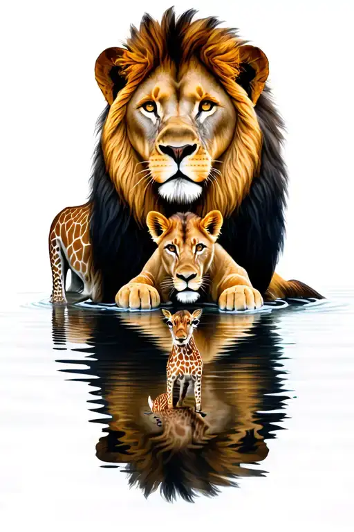 a male lion sitting at water. in the reflection a male cub. besides the male lion a giraffe (not in reflection  tattoo design idea