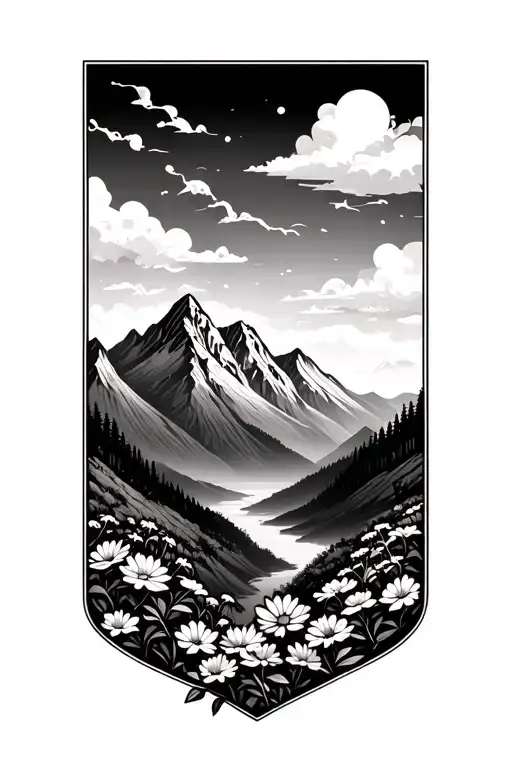simple outline mountain scape with flowers in the valley tattoo design idea