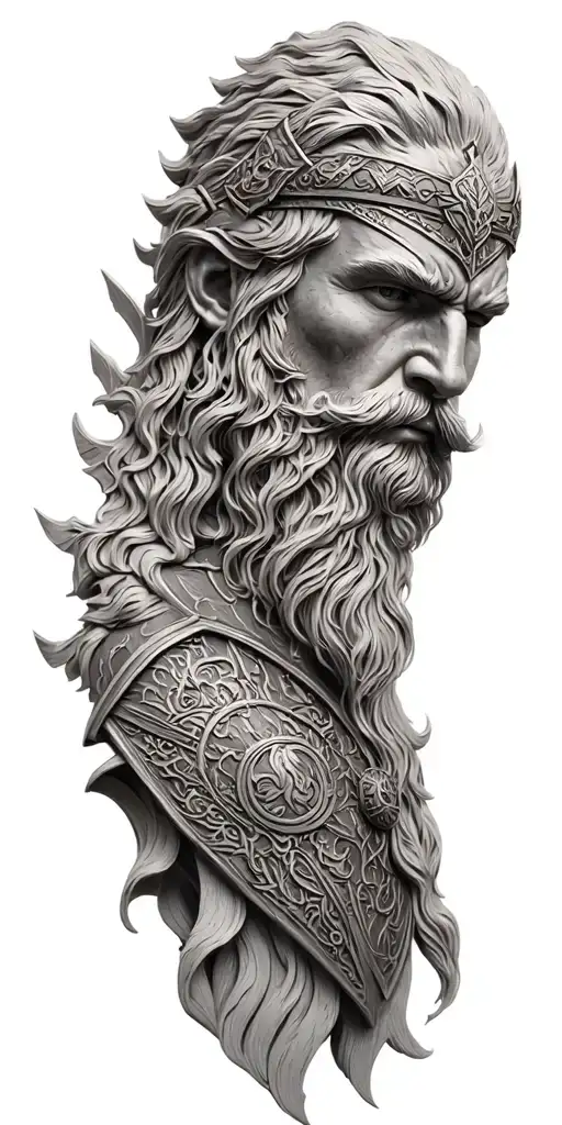 sculpture style merged Tyr Odin Thor Frigg Máni Sól tattoo design idea