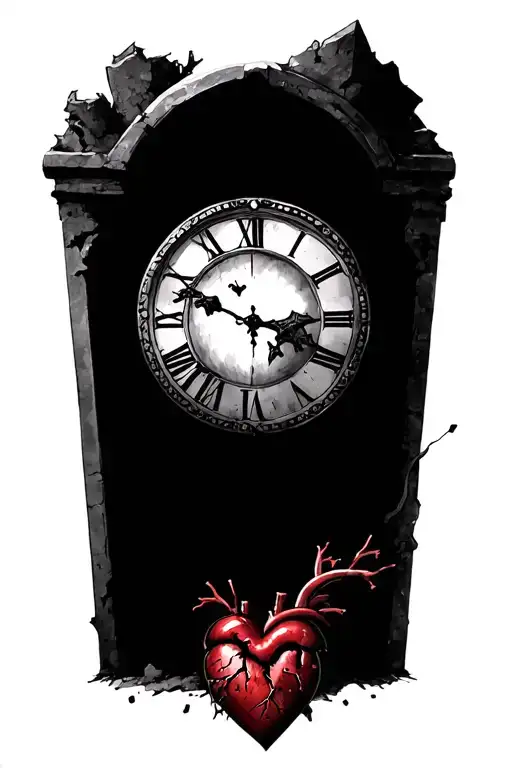 a tattoo representing pain that fades away.  an image with a old-style clock face, a crumbling tombstone, a broken heart tattoo design idea