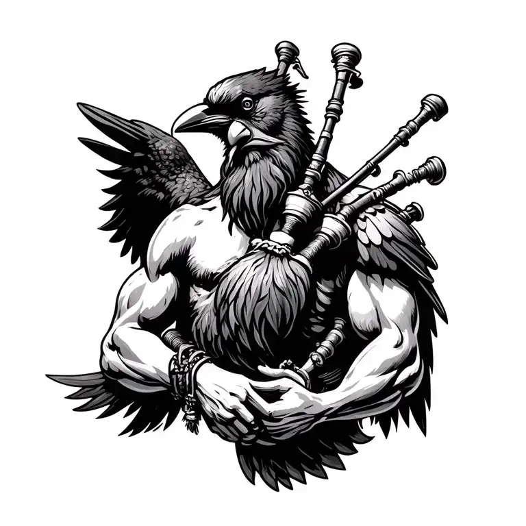 designs on wood carving crow muscular  bagpiper playing the bagpipes baldblack beard tattoo design idea