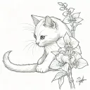 white kitten sits with its back down and sniffs an orchid branch, two black spots on its back near its tail tattoo design idea