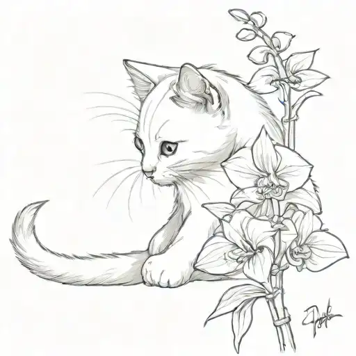 white kitten sits with its back down and sniffs an orchid branch, two black spots on its back near its tail tattoo design idea