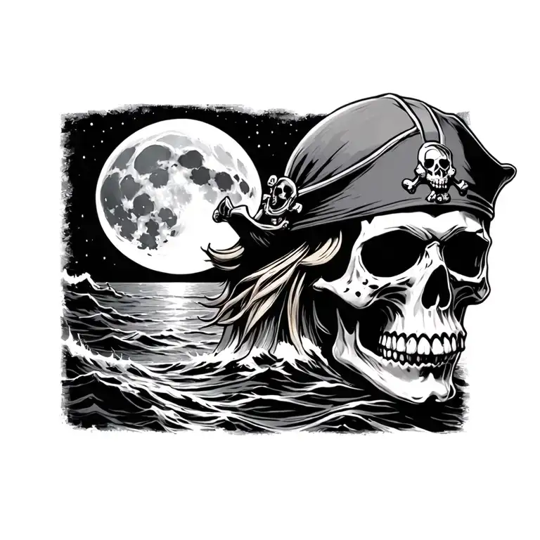 evil pirate skull with full moon rising tattoo design idea