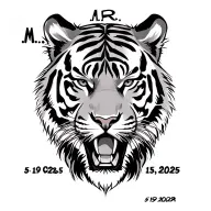 tiger head, slight side view angle, initials M.C.R. at the top with the date 5-19-2025 at the bottom in soft old English tattoo design idea
