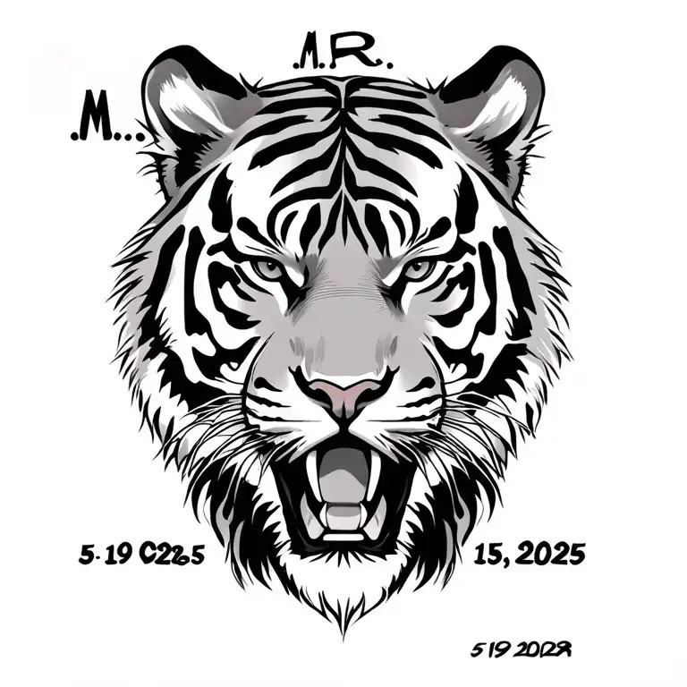 tiger head, slight side view angle, initials M.C.R. at the top with the date 5-19-2025 at the bottom in soft old English tattoo design idea