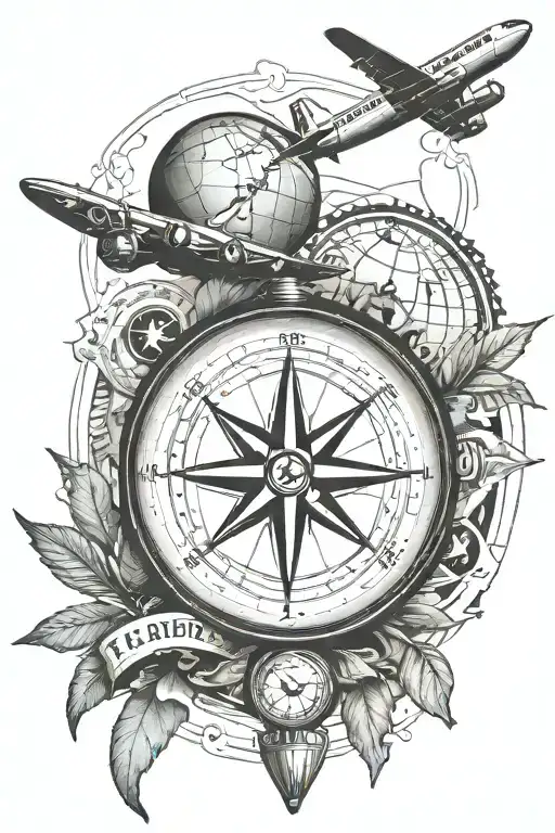 travel inspired tattoo featuring compass, plane, globe tattoo design idea