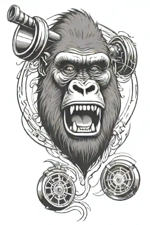 gorilla's face screaming for max effort. a scroll that flows around, an hourglass, a pencil, a gym disc tattoo design idea