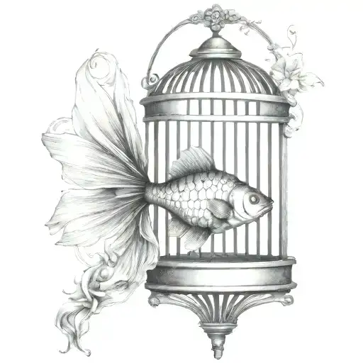 goldfish trapped in bird cage tattoo design idea