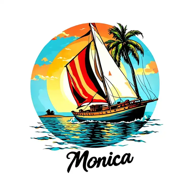 "Monica" sailboat in foreground, background full sunrise sky, small island in far background with plam vibrant colors no borders tattoo design idea