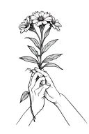 fresia flower held by holding hands hodling and on the front hand there is unconditional love symbol tattoo design idea