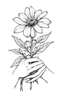 fresia flower held by holding hands hodling and on the front hand there is unconditional love symbol tattoo design idea